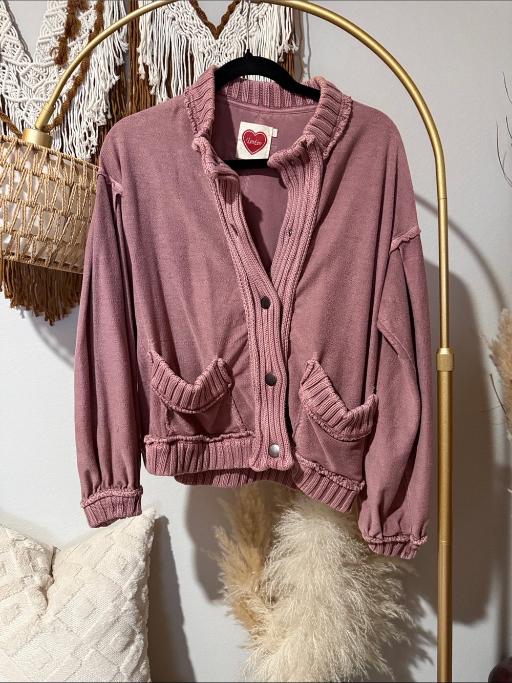 Rose-Pink Cropped Button-Front Cardigan Sweater